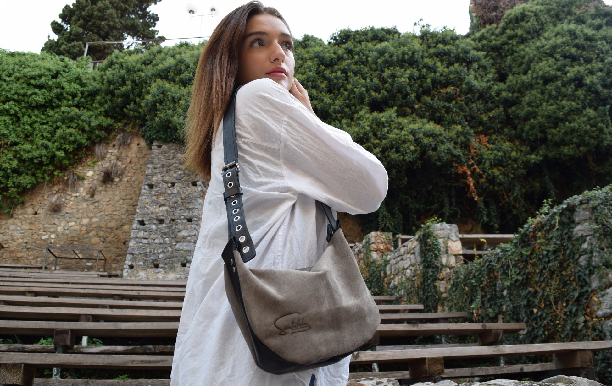 Minimalistic gray velour with metallic rivets presented by our model from Santebela with love
