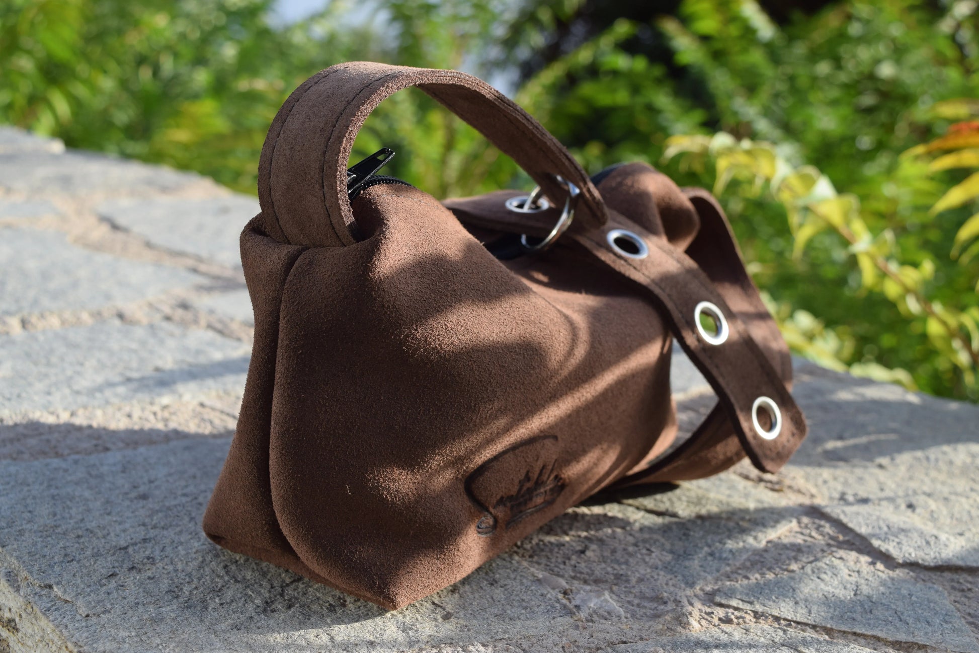 Brown Luna Shoulder Bag in soft Italian velour, showcasing refined stitching and minimalist side profile by Santebela