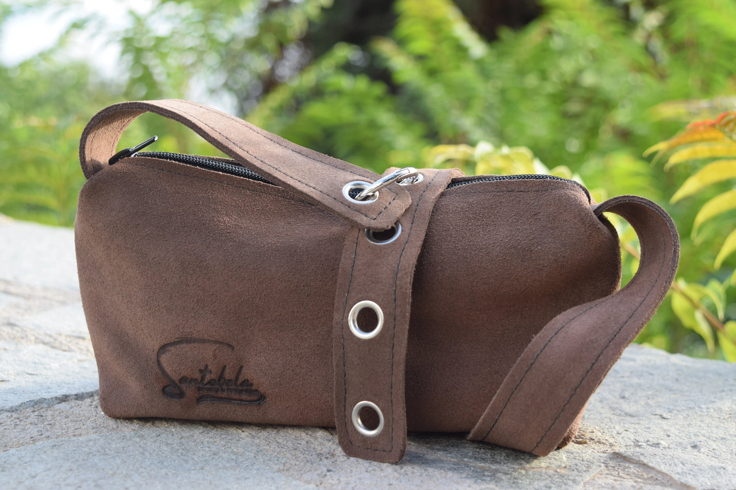 Elegant brown velour shoulder bag with sleek silhouette and polished closure – handmade Italian leather craftsmanship by Santebela.