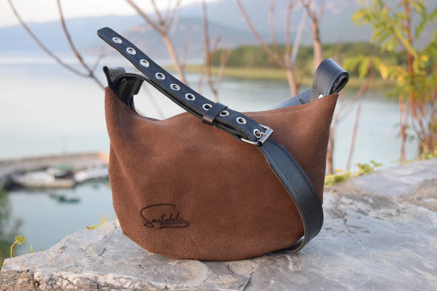 Minimalist luxury velour brown crossbody bag with black adjustable leather strap decorated with funcional silver metalic rings– handmade craftsmanship by Santebela