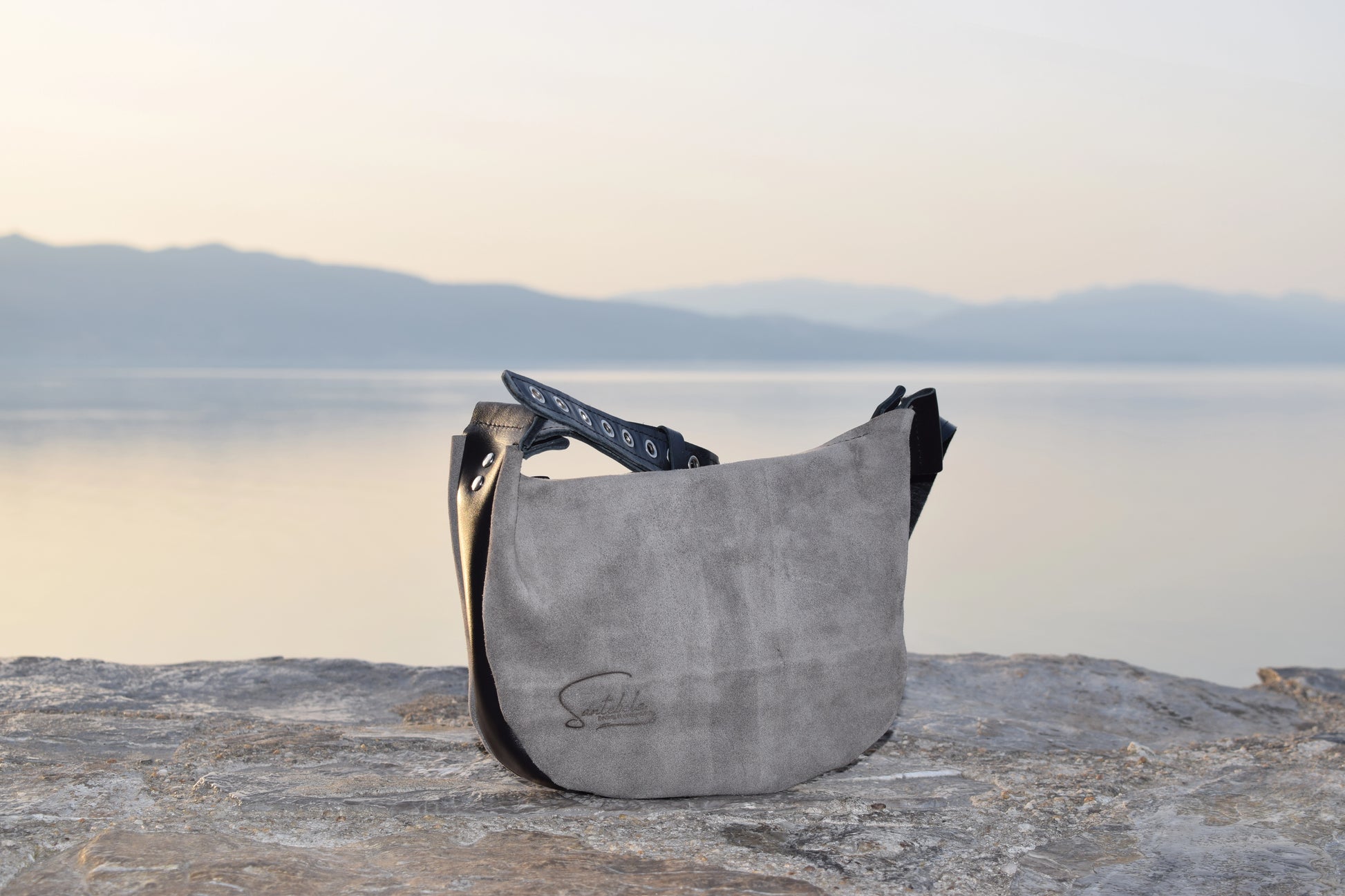 Minimalist luxury velour gray crossbody bag with black leather strap – handmade craftsmanship by Santebela