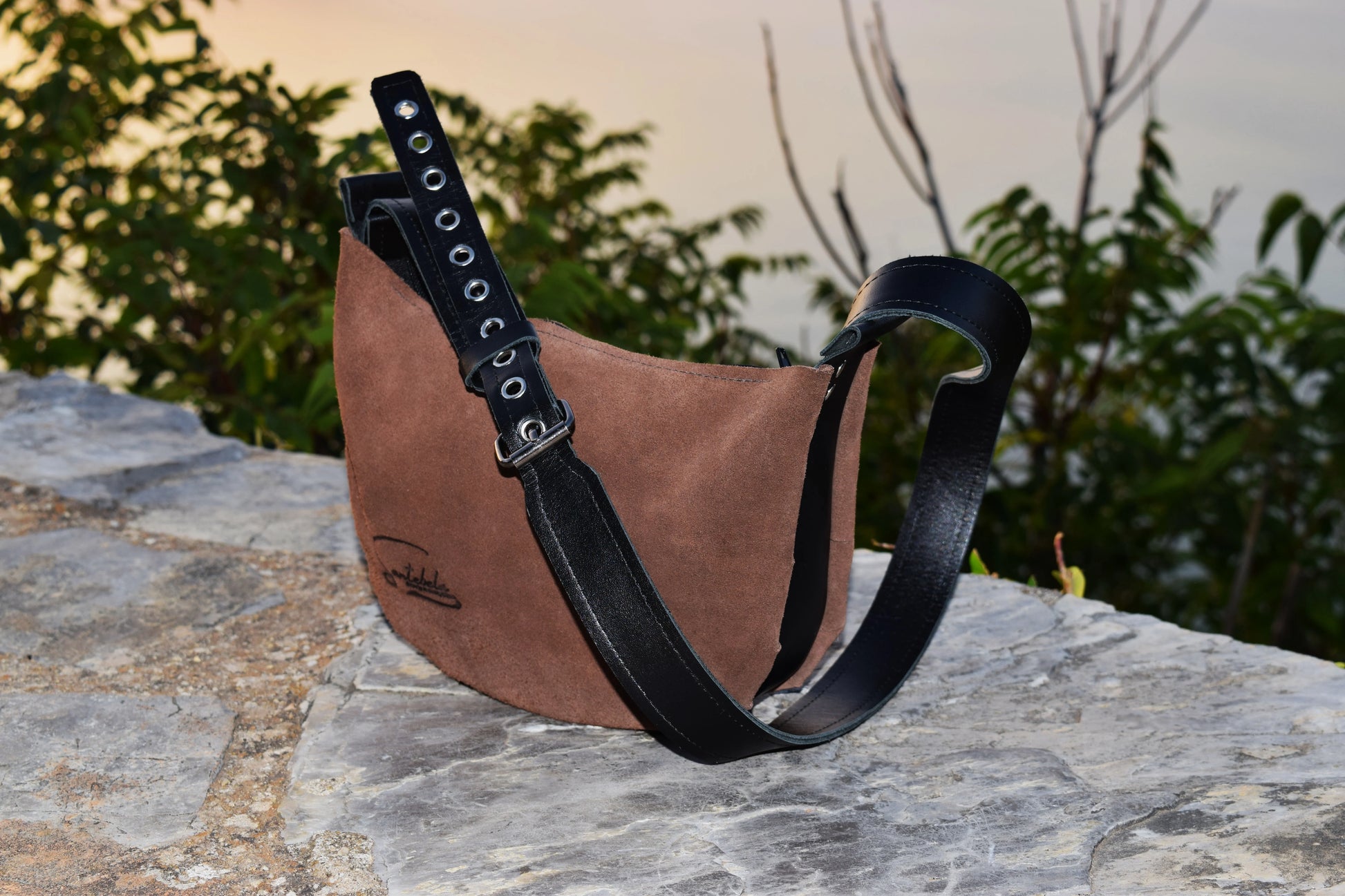 Minimalistic  crossbody brown suede with black strap from the workshop to you by Santebela