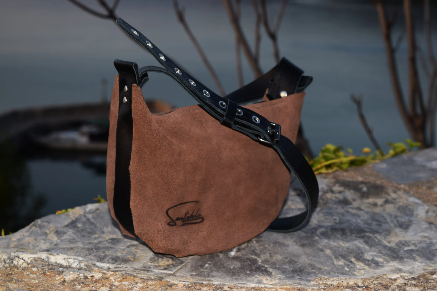 Crossbody suede Italian calf leather handmade craftsmanship by Santebela
