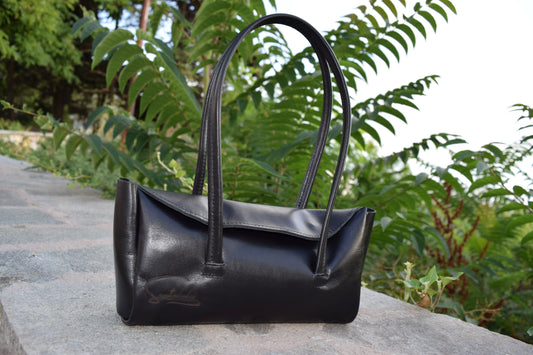Fiera Black Italian Goat Leather Handbag with silver magnetic closures, handmade by Santebela