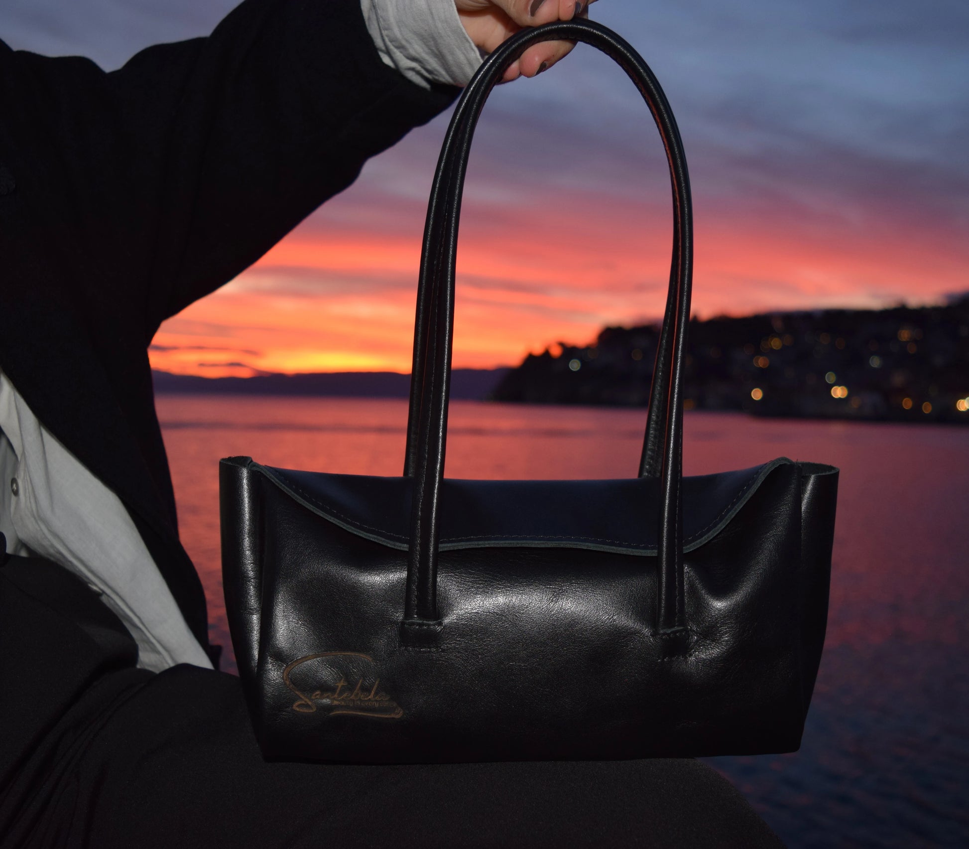 Black Italian Leather Handbag, perfect night out companion handmade by Santebela