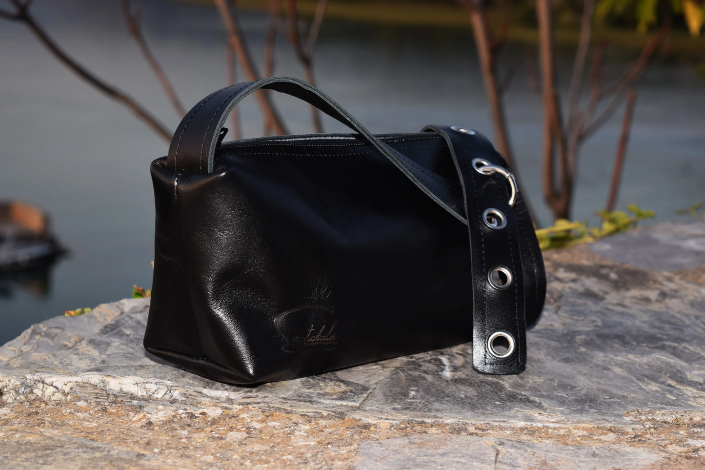 Italian leather crossbody bag with silver hardware handmade by Santebela