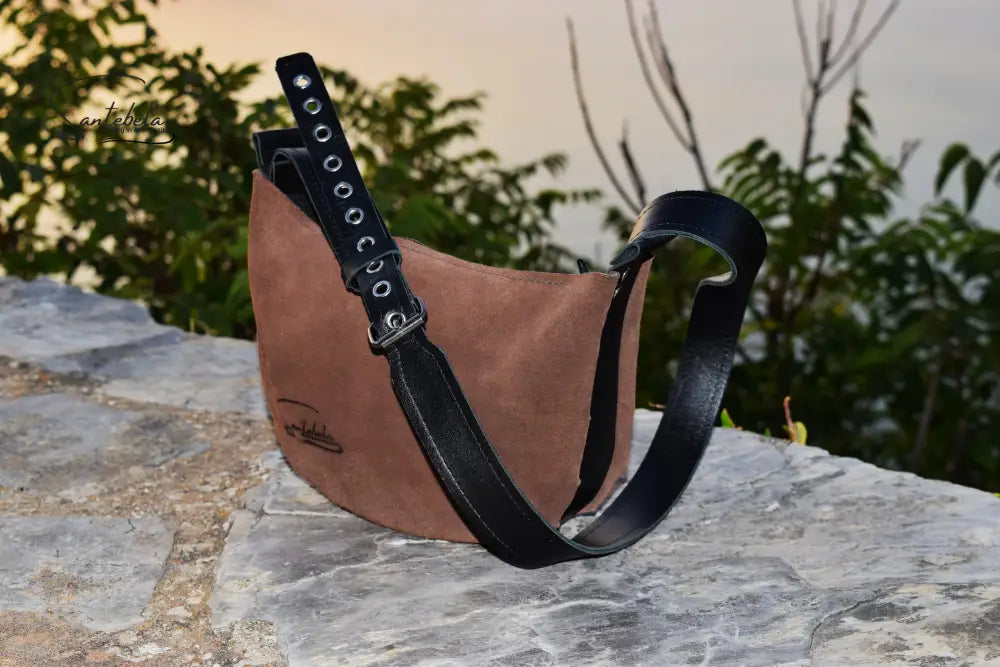Minimalistic crossbody brown suede with black strap from the workshop to you by Santebela
