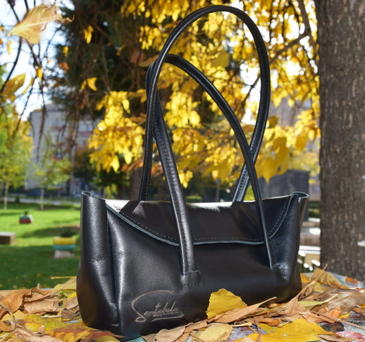 Black  Italian leather handbag in fall season.