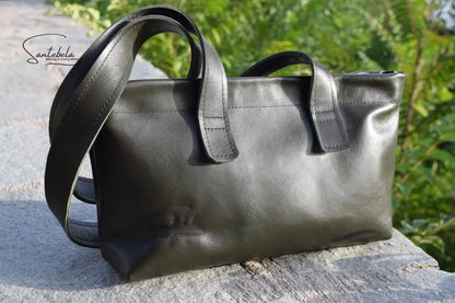 ] Dark Green Olive Leather Tote Bag, styled with elegance and versatility for everyday day and special occasions by Santebela.
