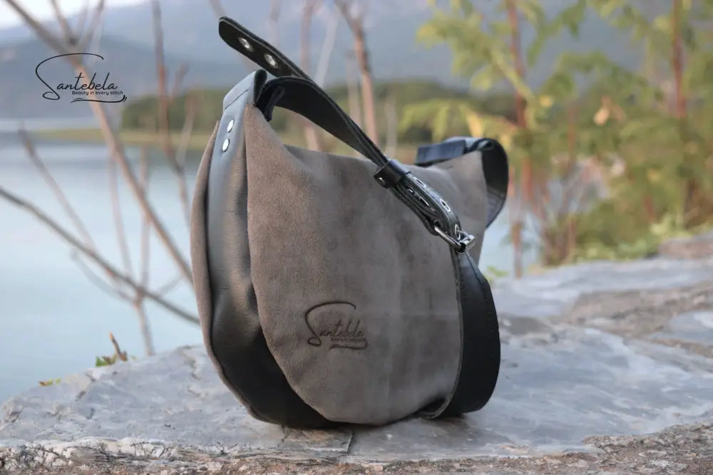 Minimalistic gray suede Italian leather with a black adjustable strap and silver rings, handmade by Santebela