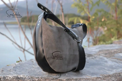 Minimalistic gray suede Italian leather with a black adjustable strap and silver rings, handmade by Santebela