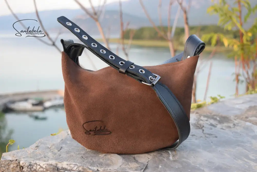 Minimalist luxury velour brown crossbody bag with black adjustable leather strap decorated with funcional silver metalic rings– handmade craftsmanship by Santebela