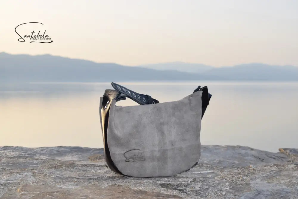 Minimalist luxury velour gray crossbody bag with black leather strap – handmade craftsmanship by Santebela