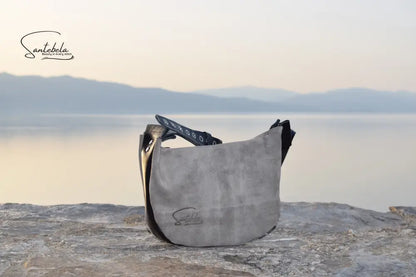 Minimalist luxury velour gray crossbody bag with black leather strap – handmade craftsmanship by Santebela