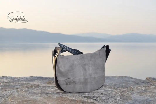 Minimalist luxury velour gray crossbody bag with black leather strap – handmade craftsmanship by Santebela